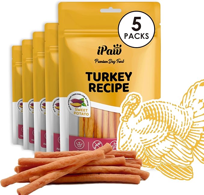 iPaw Turkey Dog Treats, All Natural Human Grade Dog Treat, Suitable for Training chew, US Sourced Raw Material, Hypoallergenic, Rawhide Alternative, Thin Stick (Sweet Potato), 5 Packs