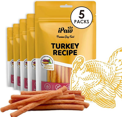 iPaw Turkey Dog Treats, All Natural Human Grade Dog Treat, Suitable for Training chew, US Sourced Raw Material, Hypoallergenic, Rawhide Alternative, Thin Stick (Sweet Potato), 5 Packs