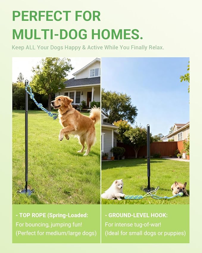 Tether Tug Outdoor Dog Toy, 31"-78" Tug of War Dog Toy with Safety Pole Cover, 3 Replaceable Ropes & Spiral Ground Anchor - 4 Durable Spring Pole Interactive Pull Toy for Large Medium Small Dog