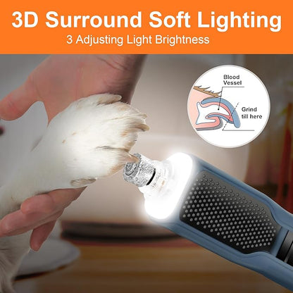 7-Speed Dog & Cat Nail Grinder with Light - Ring LED Safe to Avoid Overcut, Quiet Low Vibration & Powerful Fast, Cordless Rechargeable Toenail Trimmer for Small & Large Puppy & Breeds Paws(Blue)