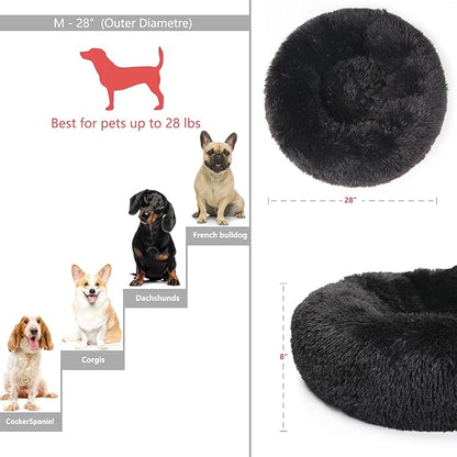 Calming Donut Dogs Beds for Small Dogs Washable,28inch Plush Round Pet Bed for Cozy Sleep,Fluffy Faux Fur Large Cat Bed,Fits up to 30 lbs Pets,Black