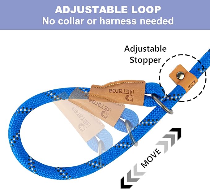 5 FT Slip Lead Dog Leash, Heavy Duty Rope Leash for Small Medium Large Dogs, No Pull Training Lead with Reflective Thread, Strong Comfortable Loop Leash (Blue Stripe, Medium(3/8"))