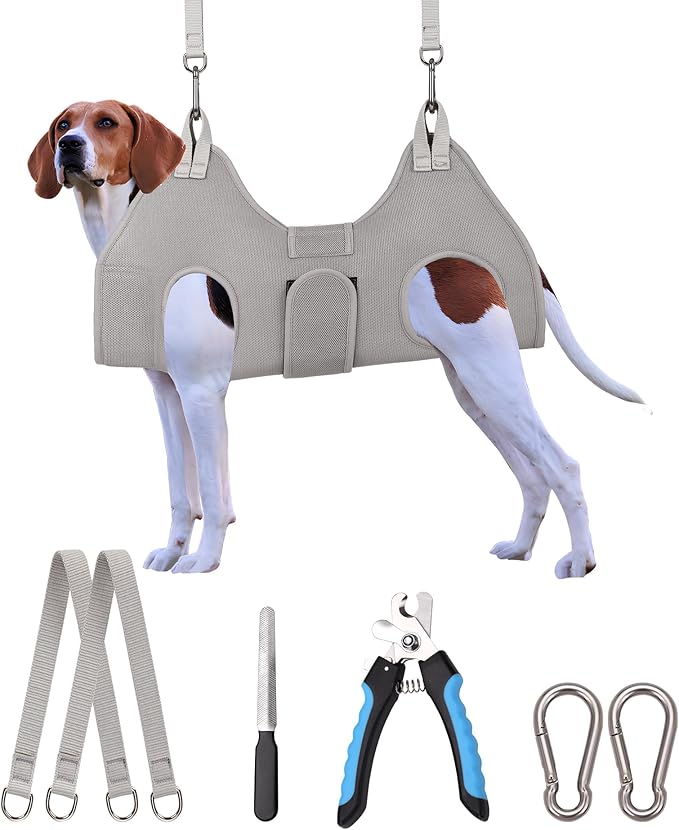 Kkiimatt Dog Grooming Hammock Harness, M-Large Dog Hammock for Nail Trim, Gray Dog Restraint for Nail Clipping,Dog Grooming Sling Thick Neck Support