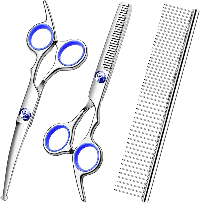 FAIGEO Professional Dog Grooming Scissors Kit, Titanium Coated Dog Scissors for Grooming, Grooming Shears Kit - Thinning, Curved Scissors and Comb for Dog Cat Pet (Blue 4 in 1)
