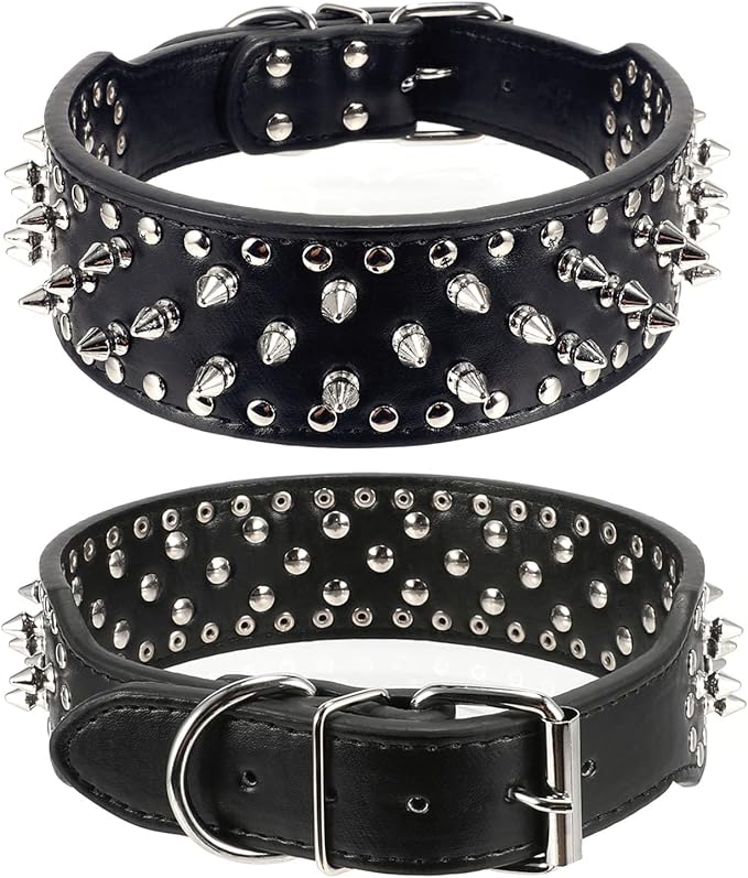 Hoot PU Leather Adjustable Spiked Studded Dog Collar 2" Wide 37 Spikes (M(Neck 19"-22"), Black)