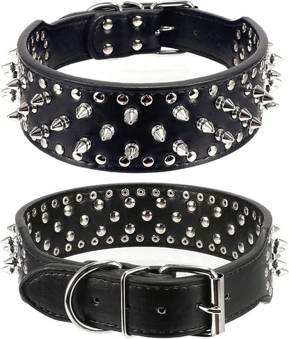 Hoot PU Leather Adjustable Spiked Studded Dog Collar 2" Wide 37 Spikes (M(Neck 19"-22"), Black)