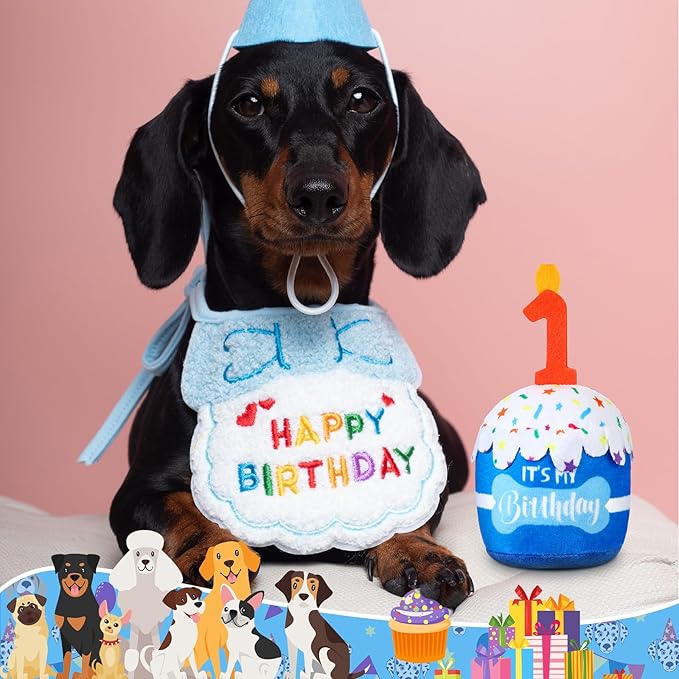 Dog Birthday Cake Toy Accessories for Girl Boy Gifts, Squeaky Plush Toy for Dog Birthday Party Decor Favor for Large, Medium and Small Dogs (1st,Blue)