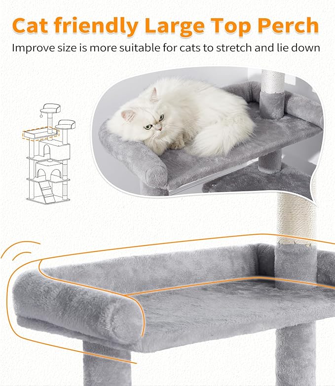 Made4Pets Cat Tree Tower 70in Cat Tower for Indoor Cats Kitten Tree Multi-Level Cat Tree with 2 Condo Furniture Activity Center with Scratching Posts Funny Toys Kittens Pet Play House, Light Grey