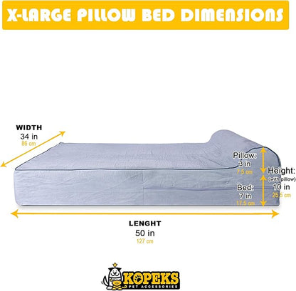 KOPEKS Orthopedic Memory Foam Dog Bed 7" Inch Thick Extra Large Dog Bed With Pillow Grey 50"x34"x10" Includes Waterproof Liner and Durable Removable Cover With Smart Design
