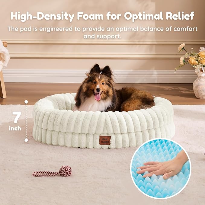 Dog Bed Medium Sized Dog - Luxury Striped Faux Fur Waterproof Pet Couch with Removable Washable Cover, Orthopedic Pet Bed with Bolster Sides for Sleeping, Cream