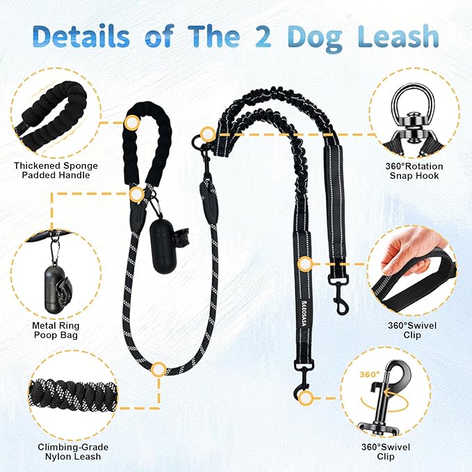 Double Dogs Leash - Removable Main Lead Rope with Splitter, No Tangle 2 Dog Coupler, Reflective No Pull Bungee, 3 Handle, D-Ring, Extra Long for Walk Train Medium Large Two Pet (Black)