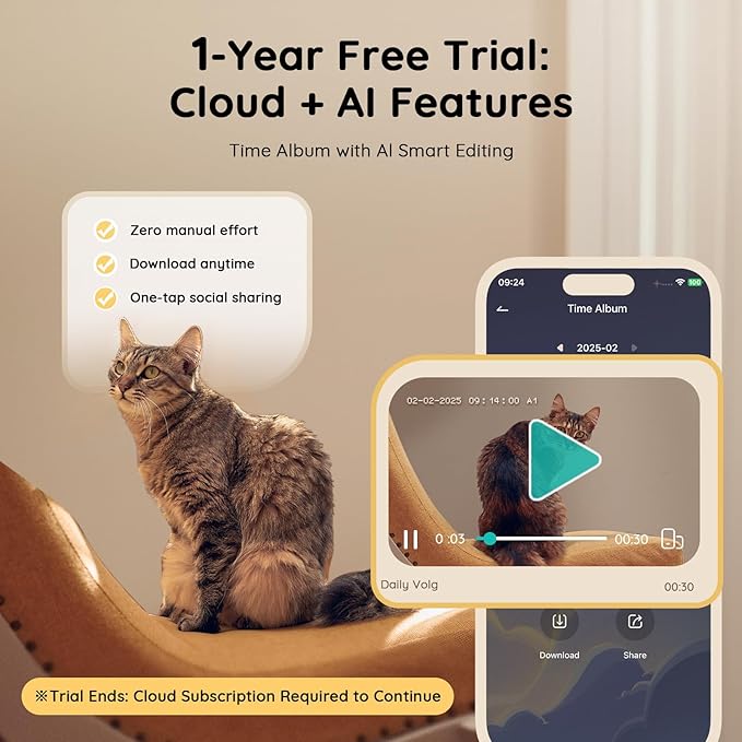 TKENPRO Pet Camera Treat Dispenser [1-Year Trial: Cloud + AI Features Included], 2K Dog & Cat Cam, Remote Treat Tossing, 360° Auto Tracking, 5G/2.4G WiFi Compatible, 2-Way Talk, Motion Alerts Indoor