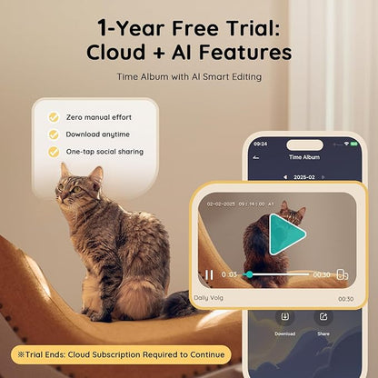 TKENPRO Pet Camera Treat Dispenser [1-Year Trial: Cloud + AI Features Included], 2K Dog & Cat Cam, Remote Treat Tossing, 360° Auto Tracking, 5G/2.4G WiFi Compatible, 2-Way Talk, Motion Alerts Indoor