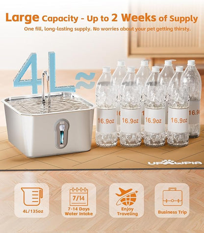 UPAWPIA 4L/135oz Large Cat Water Fountain Stainless Steel with 8 Filters Pet Water Fountain for Cats Quiet Indoor Pets Dog Small Animal Automatic Dog Water Dispenser for Drinking Watering Supplies