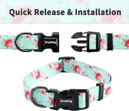 Ihoming Dog Collar and Leash Set for Daily Outdoor Walking Running Training, Floral Spring Design for Small Boys Girls Dogs Cats Pets, S-Up to 20LBS