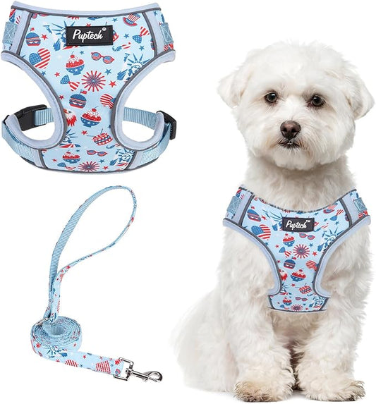 PUPTECK Small Dog Harness and Leash Set, No Pull Adjustable Puppy Cat Harness, Reflective Soft Mesh Pet Vest Small Sized, American Style, M