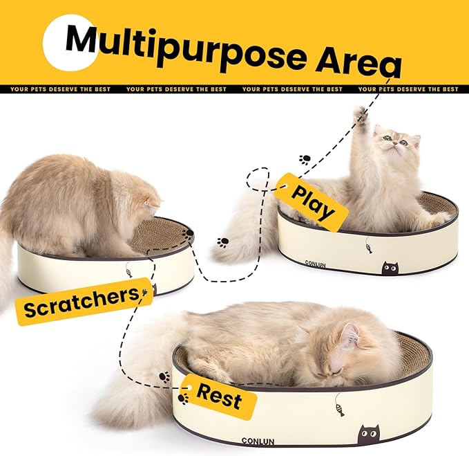 Conlun Oval Cat Scratcher Bed, 2-in-1 Cat Scratching Board, Natural Corrugated Cardboard Scratch Pad Lounge, Sealed Base Traps Debris,No Assembly Kitty Furniture,Stylish Colors Blends Any Home Decor