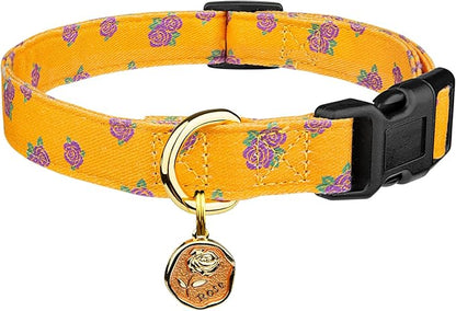 Cotton Handmade Dog Collar Cute and Distinctive Patterns Yellow Rose with Pendant for Girl Boy Dogs Collars M