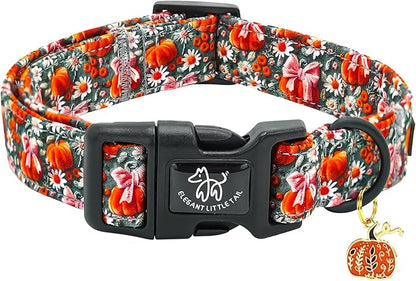Elegant little tail Halloween Dog Collar, Pumpkin with Flower Print Fall Pet Collars Cotton Soft Sturdy Puppy Collars Holiday Female Adjustable Collar for Medium Dogs