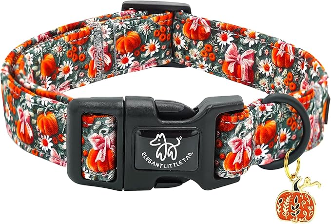 Elegant little tail Halloween Dog Collar, Pumpkin with Flower Print Fall Pet Collars Cotton Soft Sturdy Puppy Collars Holiday Female Adjustable Collar for Small Dogs