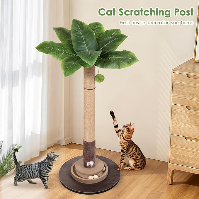 Cat Scratching Post, 35 Inch Tall Cat Scratcher Cat Tree Tower with Hanging Ball for Indoor Cats Adults,Sisal Rope Kitten Scratch with Interactive Mouse Cat Toy