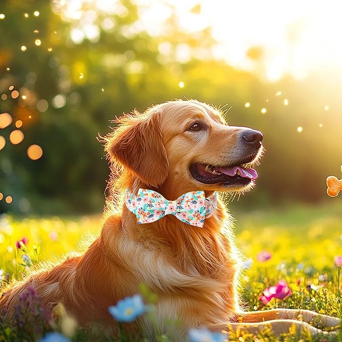 Floral Dog Collar with Bow Tie - Adjustable Light Blue Flower Bowtie Collar Breathable Comfort Spring-Summer Dog Collars for Small Medium Large Dogs L
