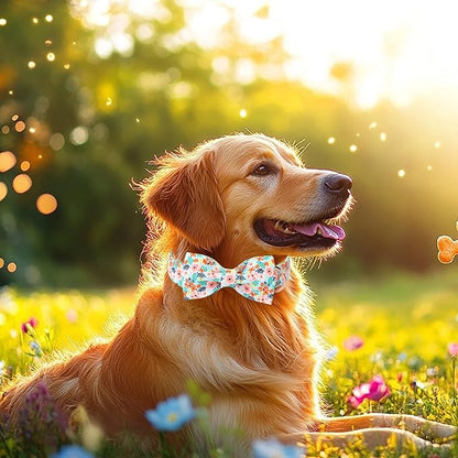 Floral Dog Collar with Bow Tie - Adjustable Light Blue Flower Bowtie Collar Breathable Comfort Spring-Summer Dog Collars for Small Medium Large Dogs L