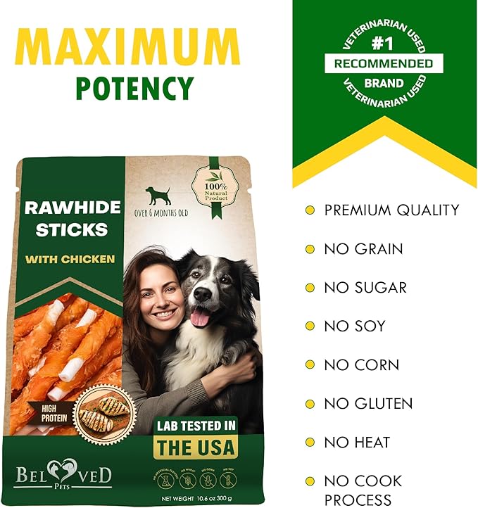 Beloved Pets Dog Treats & Long Lasting Rawhide Chews Wrapped Chicken 10.6 Oz – Pet Bones Sticks for Large, Medium & Small Breeds – Aggressive Chewers Snacks – Puppy Toys Treats