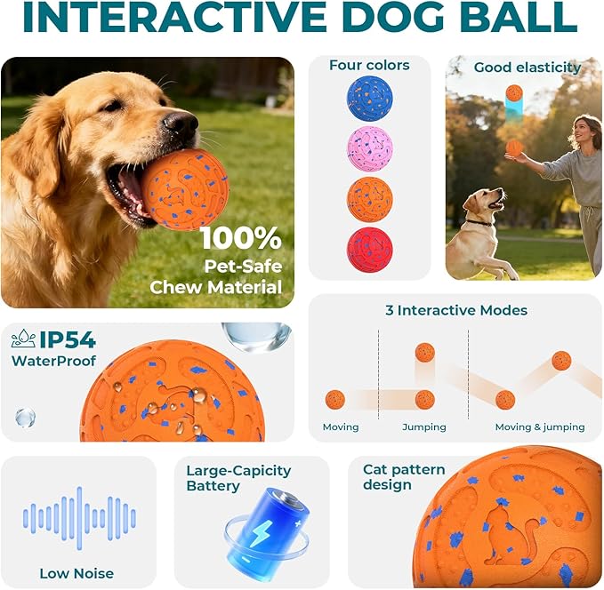 Smart Interactive Dog Toy Ball – Automatic Moving, Bouncing & Rolling, 3 Modes, Chew-Proof E-TPU Shell, Waterproof, Rechargeable,Dog Ball for Medium and Large Dogs, Orange