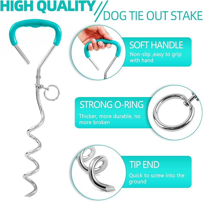 Snagle Paw Dog Tie Out Stake and Run Cable, 10FT Long Lead with Yard Stake, Chains for Outside, Leash Camping & Beach, Tether Medium Large Dogs, Ice Blue