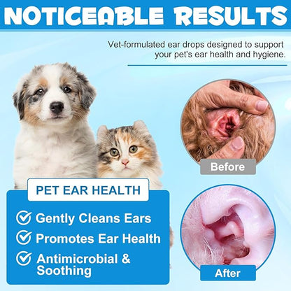 Cat & Dog Ear Infection Treatment Drops, 2Pack Pets Ear Cleaning Solution Drops with 1% Hydrocortisone Soothing Dog Yeast Infection, Treats Ear Infections, Itchy Ear Relief, Cat Ear Care Supplies