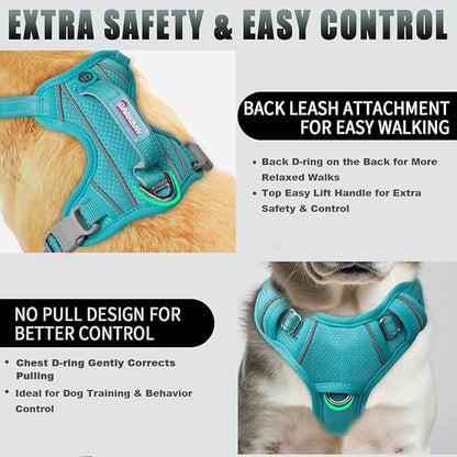 BARKBAY No Pull Dog Harness Large Reflective Dog Harness with Front Clip and Easy Control Handle for Walking Training Running with ID tag Pocket(Ocean Blue,S)
