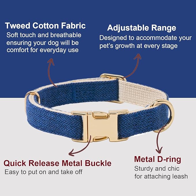 Ewinoom Soft Hemp Dog Collar and Leash Set Adjustable Woven Tweed Dog Collars with Metal Buckle and Lead for Small Medium Large Dogs,Royal Blue