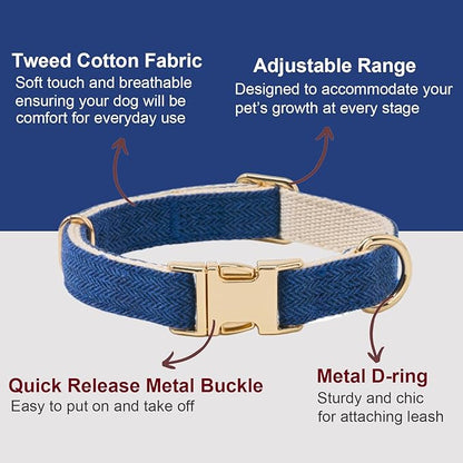 Ewinoom Soft Hemp Dog Collar and Leash Set Adjustable Woven Tweed Dog Collars with Metal Buckle and Lead for Small Medium Large Dogs,Royal Blue