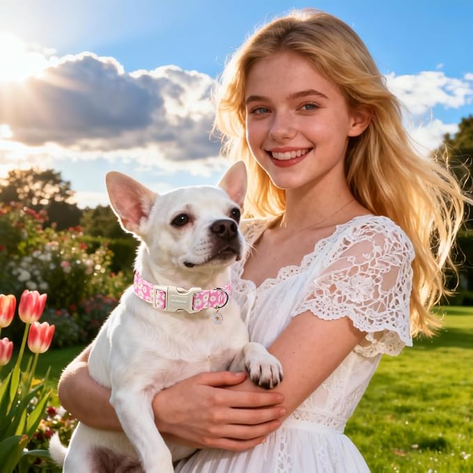 DOGWONG Flower Dog Collar-Daisy Flower Print Girl Dog Collar for Large Cute Dog Collars Spring Female Pet Gift Adjustable Heavy-Duty Soft Collar，M