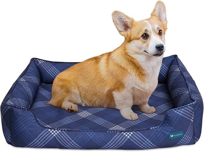 Pupstilo Orthopedic Bolster Dog Bed – CertiPUR-US Foam, Recycled Polyester Canvas, Washable Cover, Anti-Slip Bottom, Small, Navy Plaid – Stylish Designer Dog Sofa