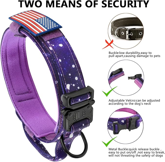 DAGANXI Tactical Dog Collar, Adjustable Military Training Nylon Dog Collar with Control Handle and Heavy Metal Buckle for Medium and Large Dogs, with Patches and Airtags Case (S, Purple Sky)