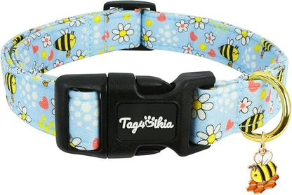 Dog Collar with Bees & Flowers Pattern, Spring Summer Collection Blue Dog Collar with Exquisite Pendant, Durable Adjustable Collars for Gifts & Daily Use-L