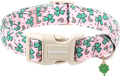 Lionet Paws St. Patrick Dog Collar- Rainbow Clover Pink Dog Collars with Plastic Buckle, Light Adjustable Dogs Collars with Clover Pendant for Small Dogs