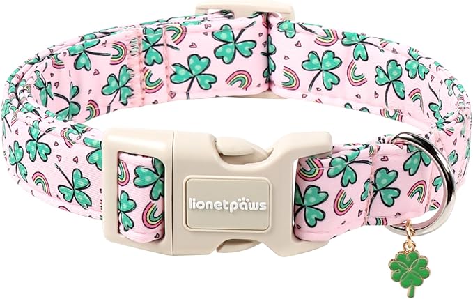 Lionet Paws St. Patrick Dog Collar- Rainbow Clover Pink Dog Collars with Plastic Buckle, Light Adjustable Dogs Collars with Clover Pendant for Medium Large Dogs