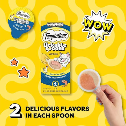 Temptations Lickable Spoons Adult Wet Cat Treat, Tasty Chicken and Savory Salmon Flavor, 4 Spoons, Pack of 12 (48 Total Treats)