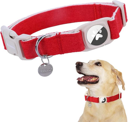 DOGWONG Airtag Cotton Hemp Dog Collar, Heavy-Duty Dog Collar with Airtag Holder Christmas Red Natural Fabric Cute Puppy Necklace for Small Medium Large Dogs