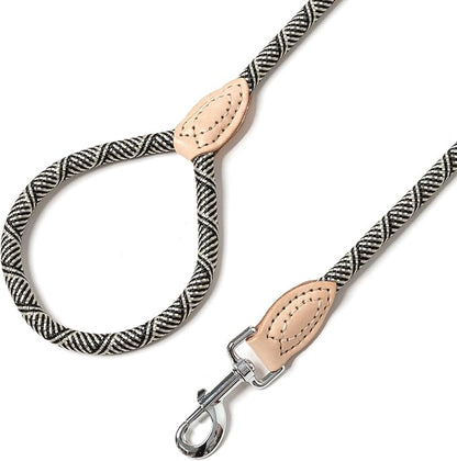 Mile High Life Rope Leash with Genuine Leather Connection, 6 FT/5 FT/4 FT, Heavy Duty Leash for Small Medium & Large Dogs(Black Beige,48 Inch)