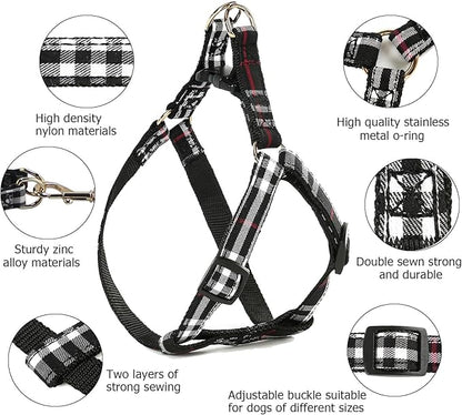 NISIYE Cute Plaid Dog Collar Harness and Leash with Safety Buckle - Adjustable and No Pull Comfortable Dog Collars for Small Puppy, Stylish Durable Gift for Boy Girl Pets