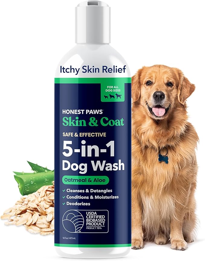 Honest Paws Dog Shampoo and Conditioner - Premium Dog Wash for Allergies and Dry, Itchy, Moisturizing for Sensitive Skin - Sulfate Free, Plant Based, All Natural - Oatmeal & Aloe -16 Fl Oz