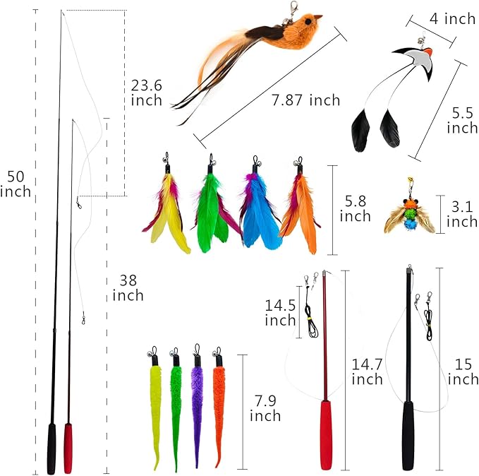 miwoowim Interactive Cat Wand Toy Set – 2 Retractable Wands (38" & 50") with 11 Refills Attachments – Feather Toys, Plush Bird, Worms, Insect & Swallow – Cat Teaser Toys for Indoor Cats & Kittens