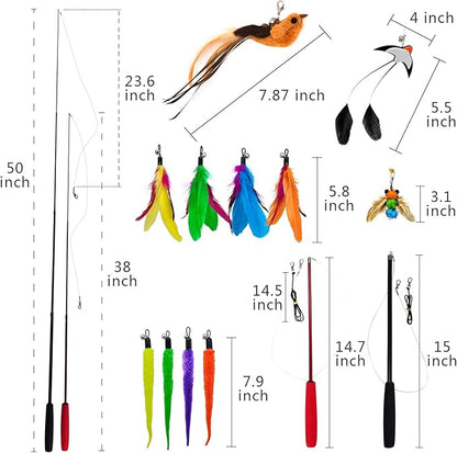 miwoowim Interactive Cat Wand Toy Set – 2 Retractable Wands (38" & 50") with 11 Refills Attachments – Feather Toys, Plush Bird, Worms, Insect & Swallow – Cat Teaser Toys for Indoor Cats & Kittens