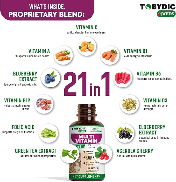 TOBYDIC Cat & Dog Multivitamin 21 in 1 Pet Supplements with Cranberry & Glucosamine - Natural Medicine & Support for UTI, Urinary Tract, Bladder, Kidney, Skin Coat, Joints Treatment Made in USA
