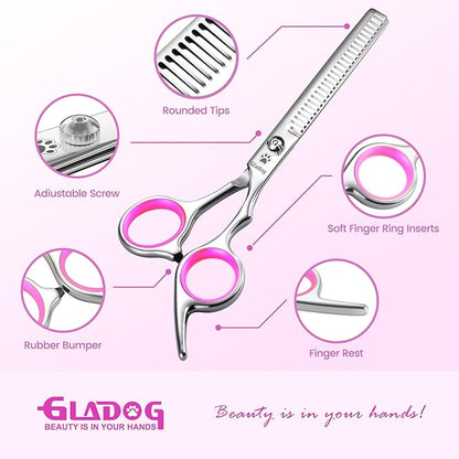 GLADOG Professional 4 in 1 Dog Grooming Scissors Set with Safety Round Tips, Sharp and Heavy-duty Pet Grooming Shears for Cats (Red)