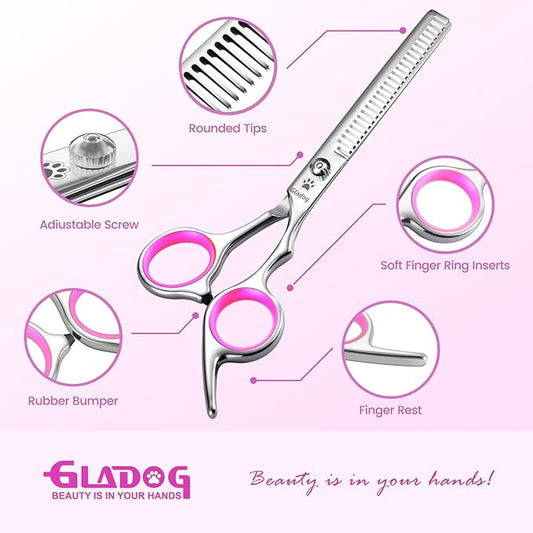 GLADOG Professional 4 in 1 Dog Grooming Scissors Set with Safety Round Tips, Sharp and Heavy-duty Pet Grooming Shears for Cats (Red)